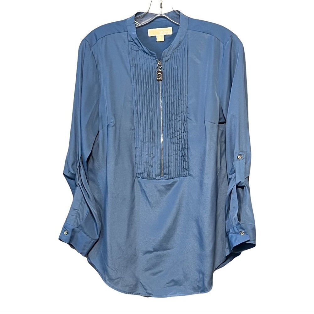 Michael Kors Long Sleeve 1/2 Zip Accordion Pleated Tuxedo Shirt Elevated Tunic
